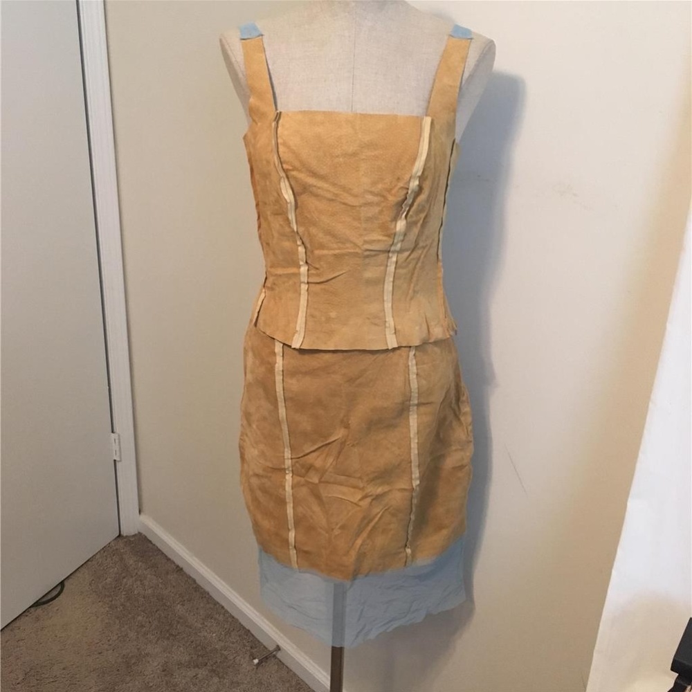 M. Kalan Tan Suede & Blue Sheer Top & Skirt Outfit